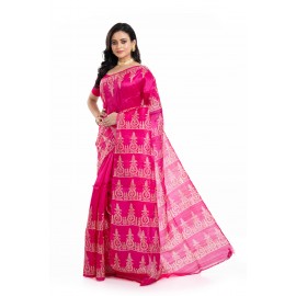  Tantuja Handloom Block Print Katan Silk Saree (Rani Pink)