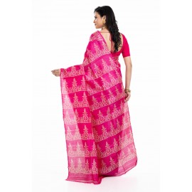  Tantuja Handloom Block Print Katan Silk Saree (Rani Pink)