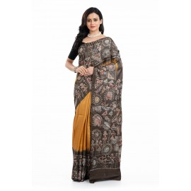 Tantuja Handloom Tassar Silk Hand Batik Print Saree (Mustard & Charcoal Charcoal)