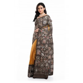 Tantuja Handloom Tassar Silk Hand Batik Print Saree (Mustard & Charcoal Charcoal)