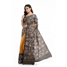 Tantuja Handloom Tassar Silk Hand Batik Print Saree (Mustard & Charcoal Charcoal)