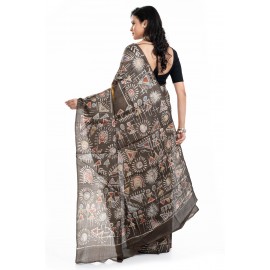 Tantuja Handloom Tassar Silk Hand Batik Print Saree (Mustard & Charcoal Charcoal)