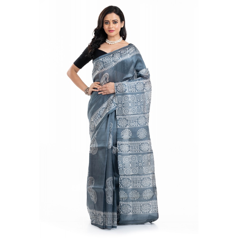 Tantuja Handloom Block Print Linen Silk Saree (Steel Grey)