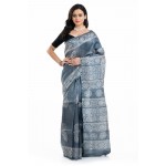 Tantuja Handloom Block Print Linen Silk Saree (Steel Grey)