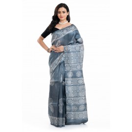 Tantuja Handloom Block Print Linen Silk Saree (Steel Grey)
