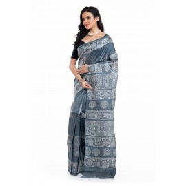 Tantuja Handloom Block Print Linen Silk Saree (Steel Grey)