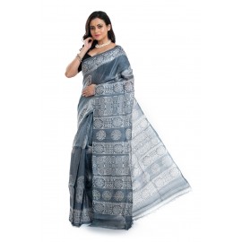 Tantuja Handloom Block Print Linen Silk Saree (Steel Grey)