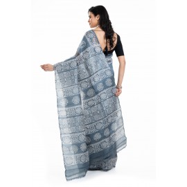 Tantuja Handloom Block Print Linen Silk Saree (Steel Grey)