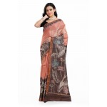 Tantuja Handloom Tassar Silk Hand Batik Print Saree (Peach & Dark Chocolate)