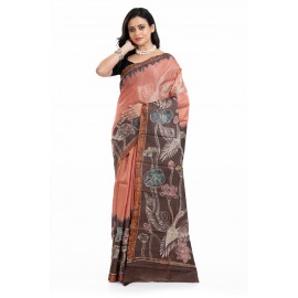 Tantuja Handloom Tassar Silk Hand Batik Print Saree (Peach & Dark Chocolate)