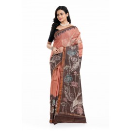 Tantuja Handloom Tassar Silk Hand Batik Print Saree (Peach & Dark Chocolate)