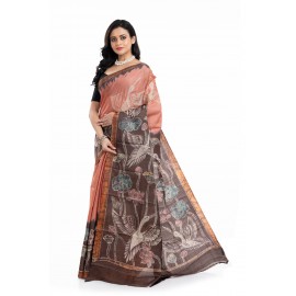 Tantuja Handloom Tassar Silk Hand Batik Print Saree (Peach & Dark Chocolate)