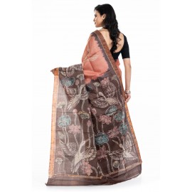 Tantuja Handloom Tassar Silk Hand Batik Print Saree (Peach & Dark Chocolate)