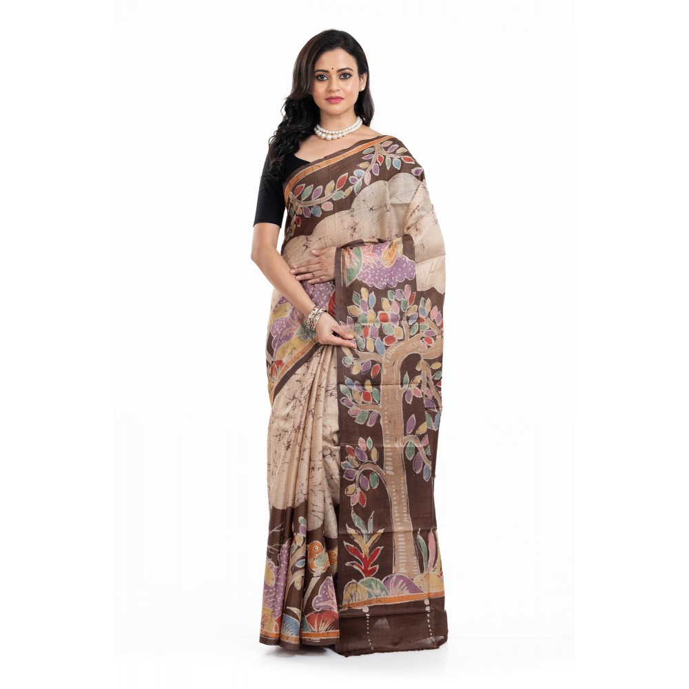Tantuja Handloom Tassar Silk Hand Batik Print Saree (Beige & Coffee Brown "Tree of Life")