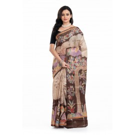 Tantuja Handloom Tassar Silk Hand Batik Print Saree (Beige & Coffee Brown "Tree of Life")