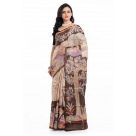 Tantuja Handloom Tassar Silk Hand Batik Print Saree (Beige & Coffee Brown "Tree of Life")