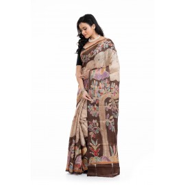 Tantuja Handloom Tassar Silk Hand Batik Print Saree (Beige & Coffee Brown "Tree of Life")