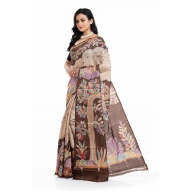 Tantuja Handloom Tassar Silk Hand Batik Print Saree (Beige & Coffee Brown "Tree of Life")