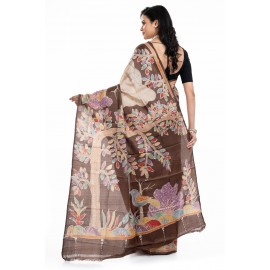 Tantuja Handloom Tassar Silk Hand Batik Print Saree (Beige & Coffee Brown "Tree of Life")