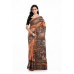 Tantuja Handloom Tassar Silk Hand Batik Print Saree (Rust Orange & Deep Charcoal Brown