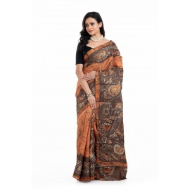 Tantuja Handloom Tassar Silk Hand Batik Print Saree (Rust Orange & Deep Charcoal Brown
