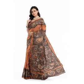 Tantuja Handloom Tassar Silk Hand Batik Print Saree (Rust Orange & Deep Charcoal Brown