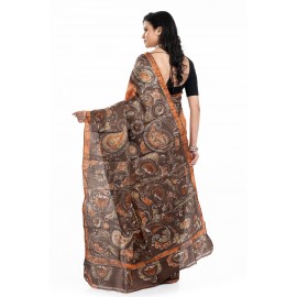 Tantuja Handloom Tassar Silk Hand Batik Print Saree (Rust Orange & Deep Charcoal Brown
