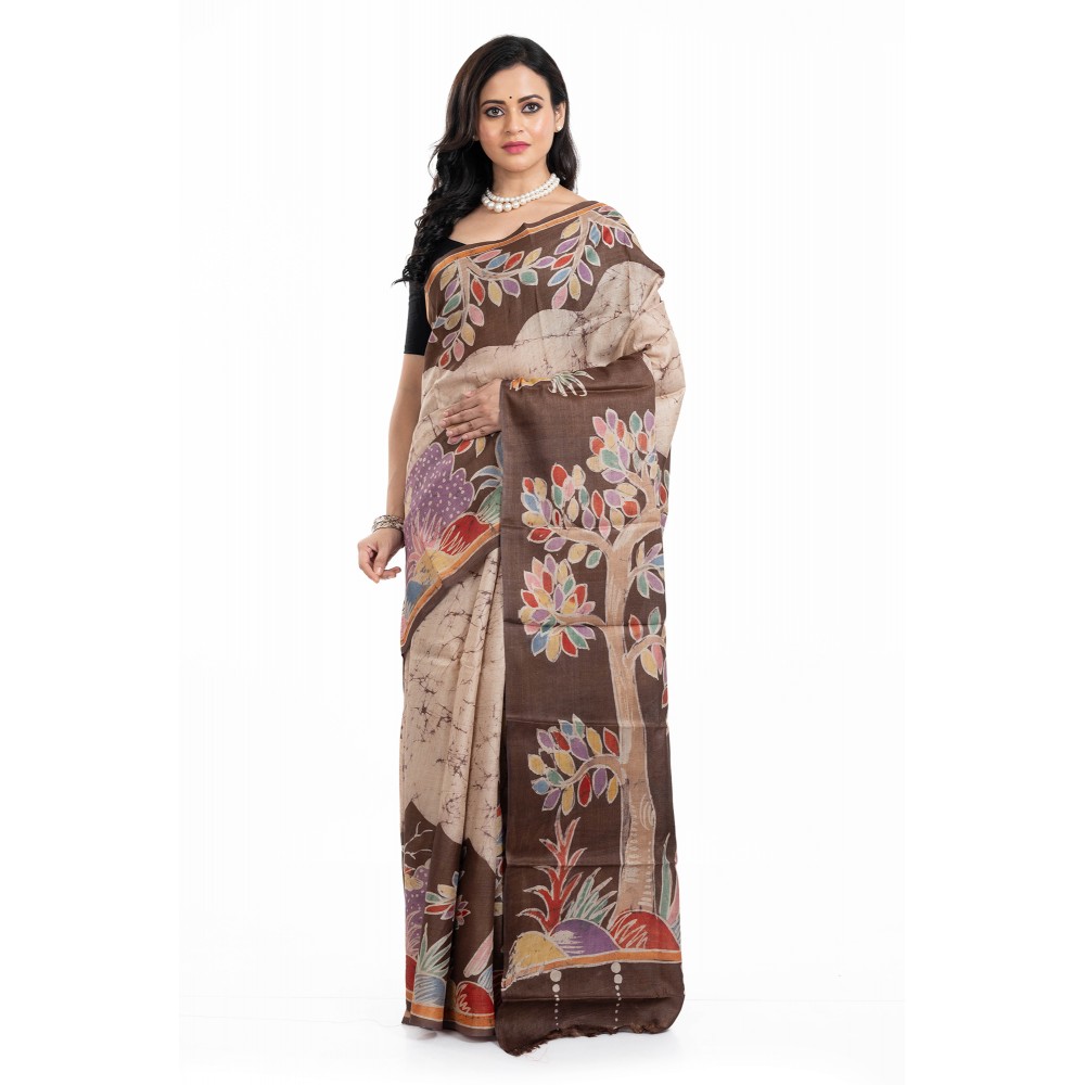  Tantuja Handloom Tassar Silk Hand Batik Print Saree (Beige & Dark Cocoa "Tree of Life")