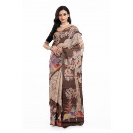 Tantuja Handloom Tassar Silk Hand Batik Print Saree (Beige & Dark Cocoa "Tree of Life")