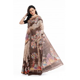  Tantuja Handloom Tassar Silk Hand Batik Print Saree (Beige & Dark Cocoa "Tree of Life")