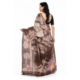  Tantuja Handloom Tassar Silk Hand Batik Print Saree (Beige & Dark Cocoa "Tree of Life")