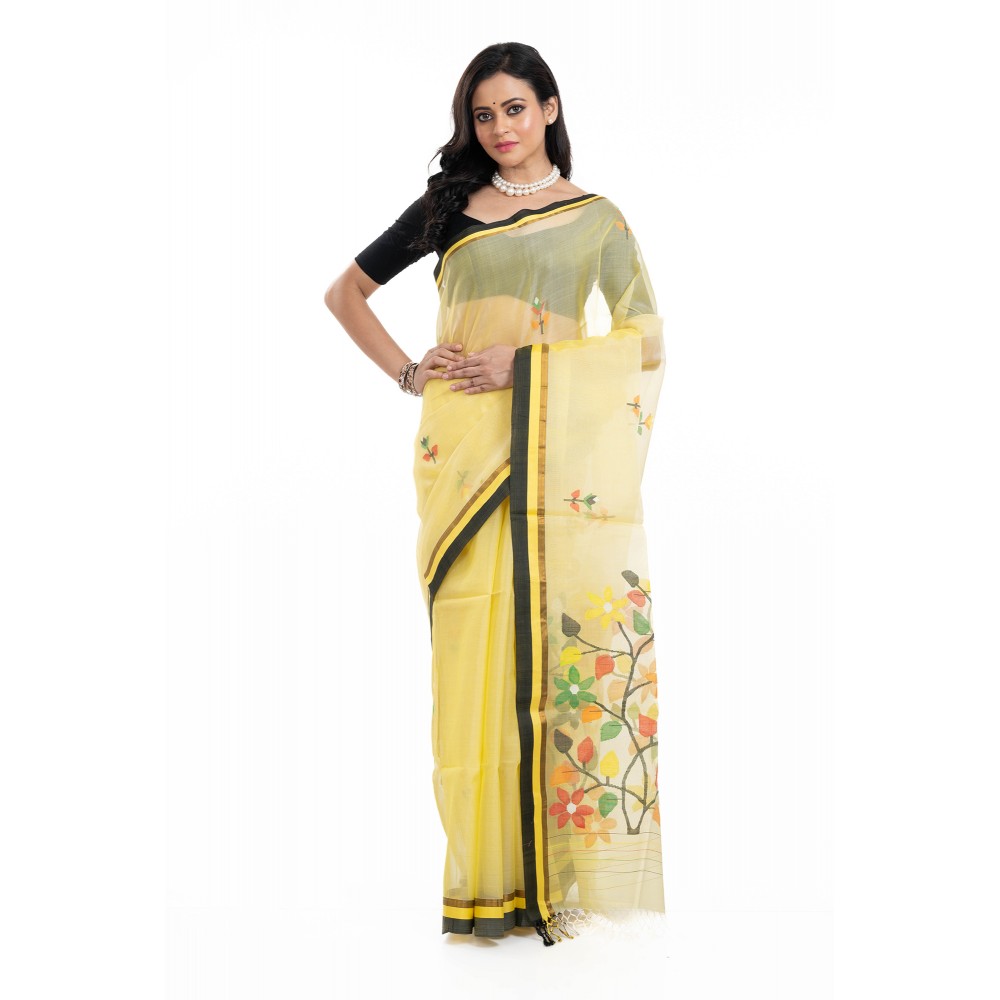 Tantuja Primrose Yellow Muslin Silk Jamdani Saree