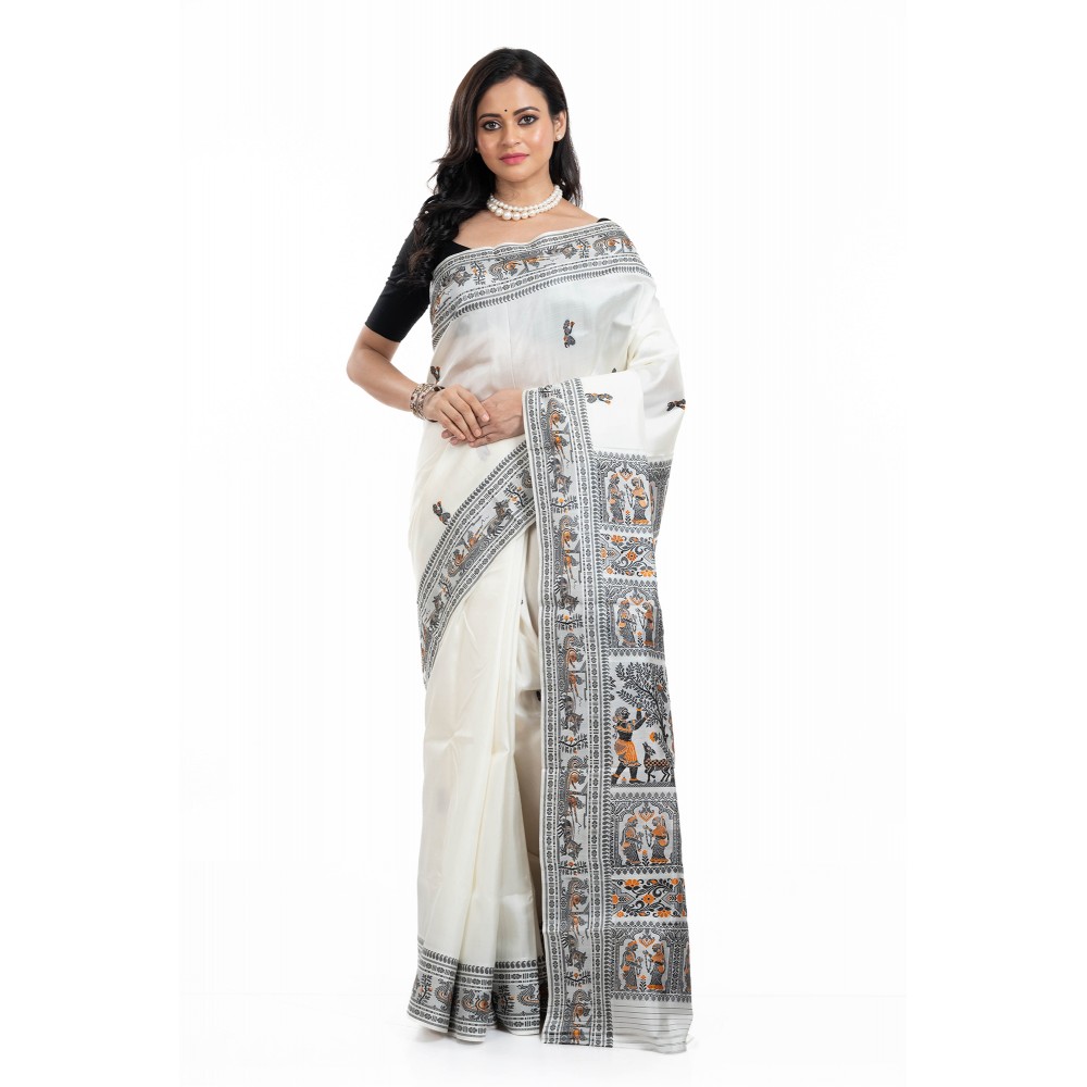 Tantuja Pure Silk Garad Baluchari Saree (Off-White & Charcoal Black)