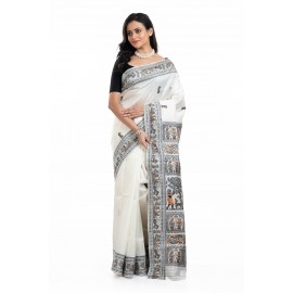 Tantuja Pure Silk Garad Baluchari Saree (Off-White & Charcoal Black)