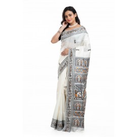 Tantuja Pure Silk Garad Baluchari Saree (Off-White & Charcoal Black)