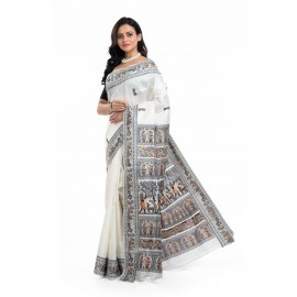 Tantuja Pure Silk Garad Baluchari Saree (Off-White & Charcoal Black)