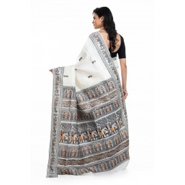 Tantuja Pure Silk Garad Baluchari Saree (Off-White & Charcoal Black)